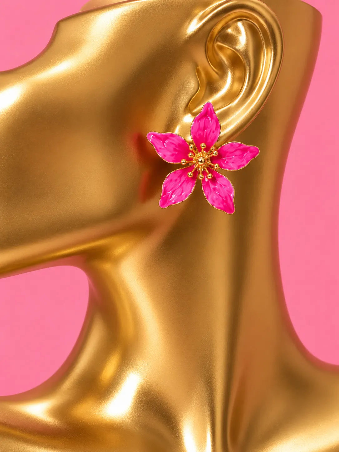 Pink Metal Oil Flower Stud Earrings