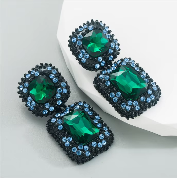 Rhinestone Emerald and Blue Earrings