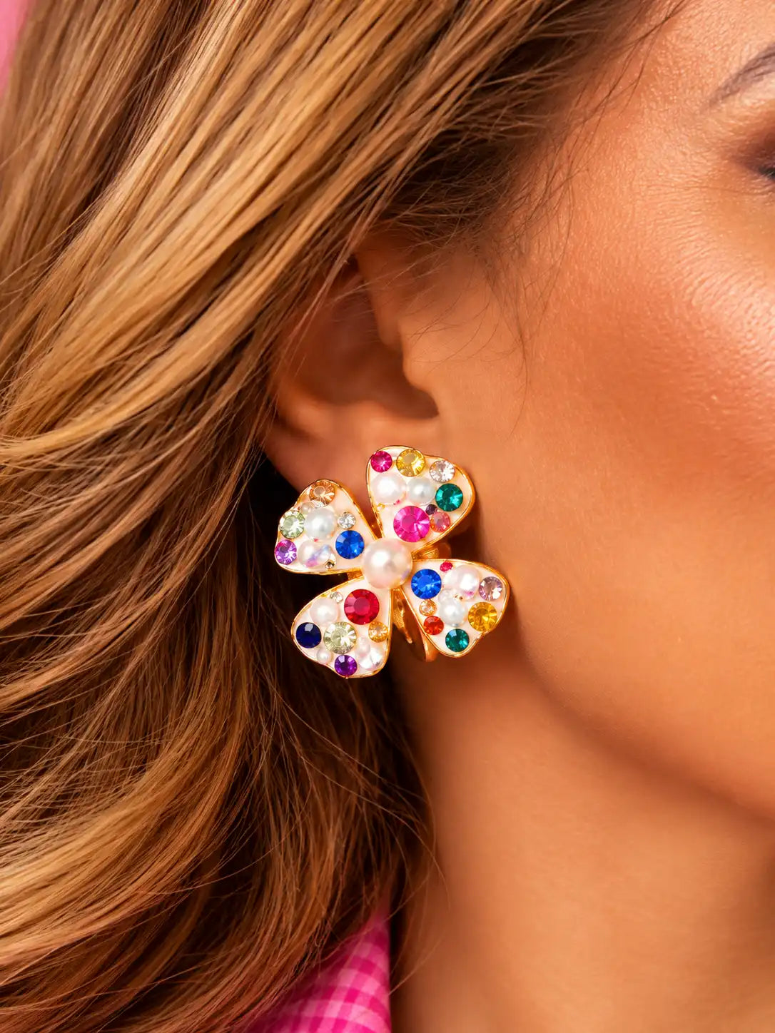 Simple Rhinestone Pearl Flower Ear Clip Earrings