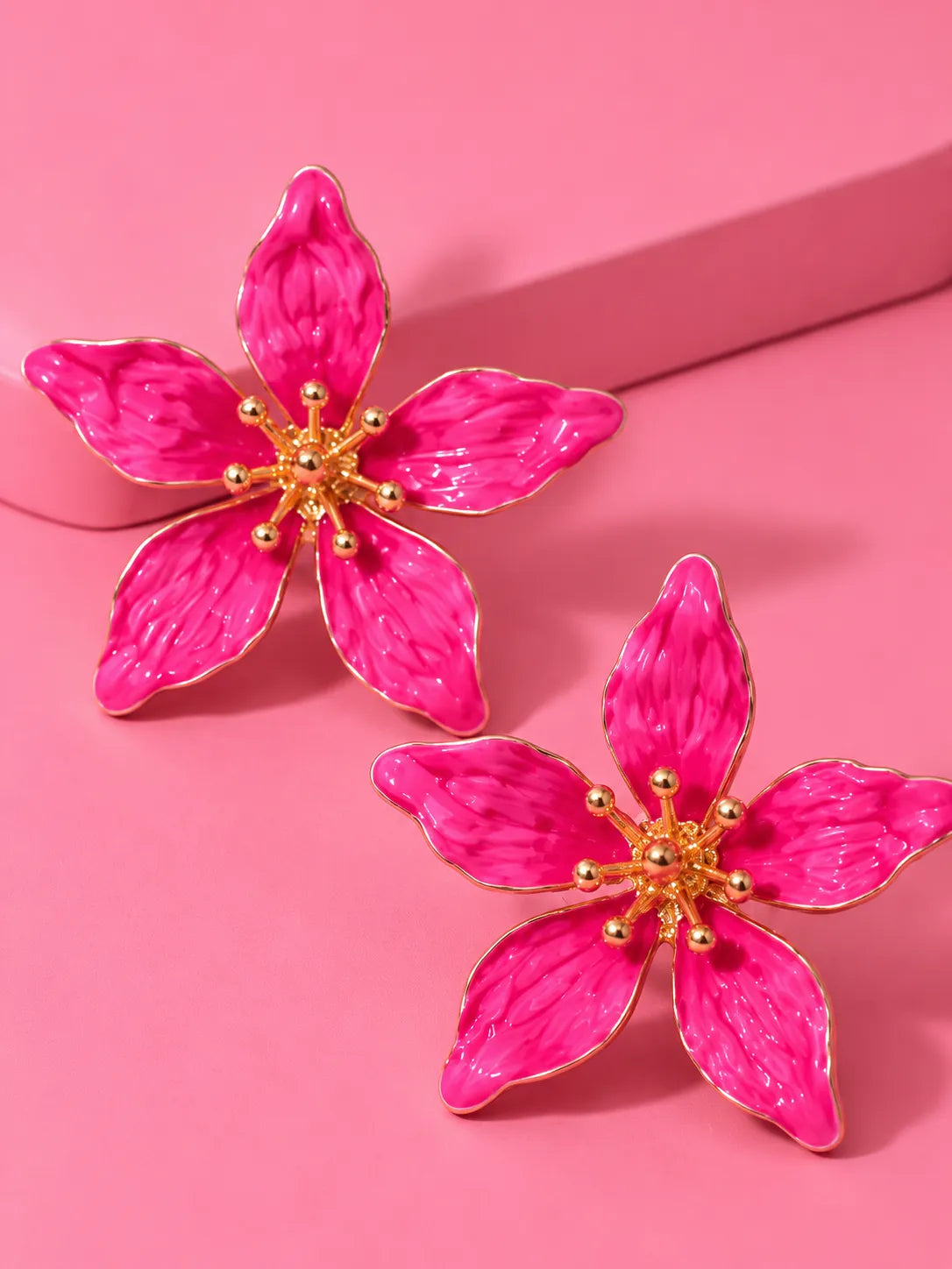 Pink Metal Oil Flower Stud Earrings