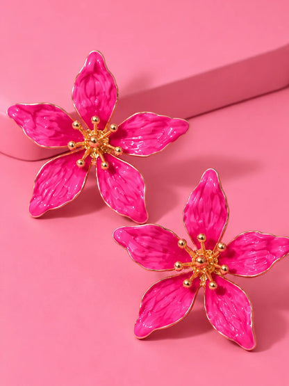 Pink Metal Oil Flower Stud Earrings