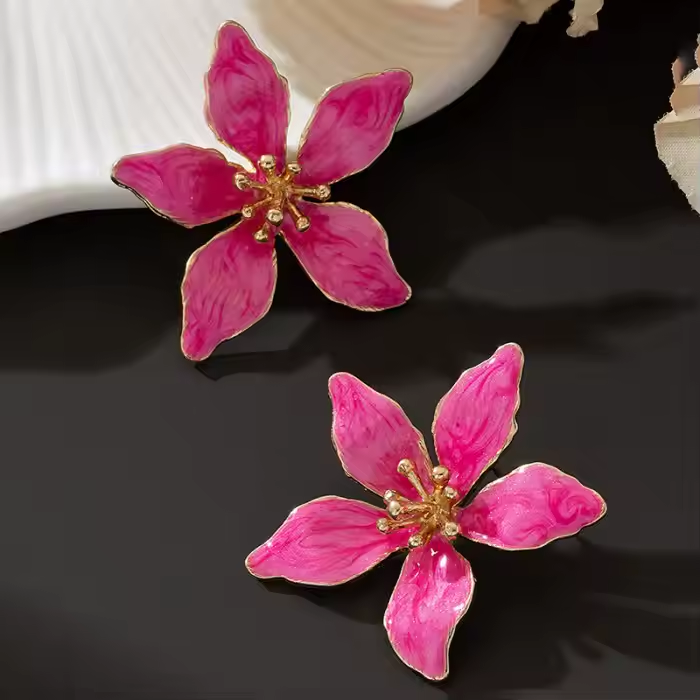 Pink Metal Oil Flower Stud Earrings