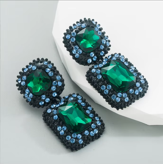 Rhinestone Emerald and Blue Earrings