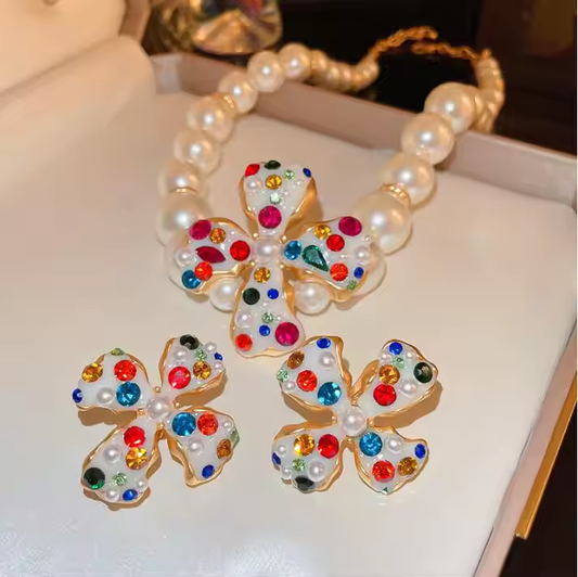 Simple Rhinestone Pearl Flower Ear Clip Earrings