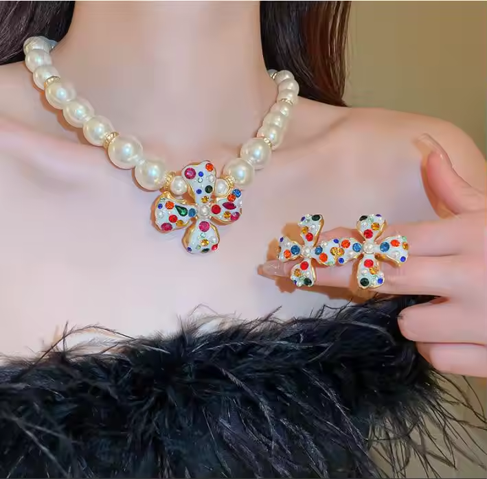 Simple Rhinestone Pearl Flower Ear Clip Earrings
