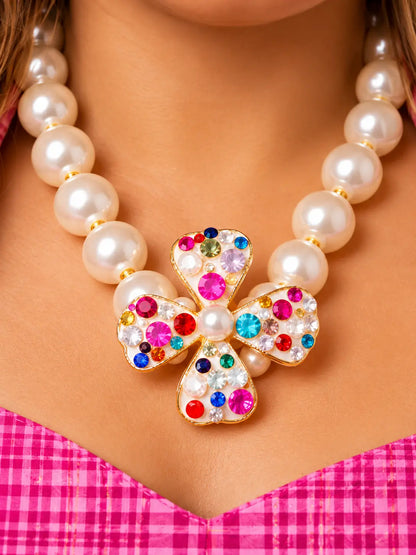 Simple Rhinestone Pearl Flower Ear Clip Earrings
